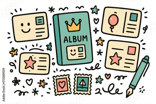 Postcard Doodle Collection. Postcard collecting doodle icon set: hand drawn icons of postcards with smile, album, crown, star,