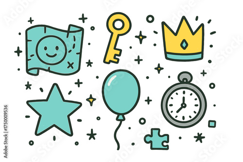 Futuristic Quest Icons. Futuristic quest doodle icon set: hand drawn icons of map with smile, key, crown, star, balloon, clock,