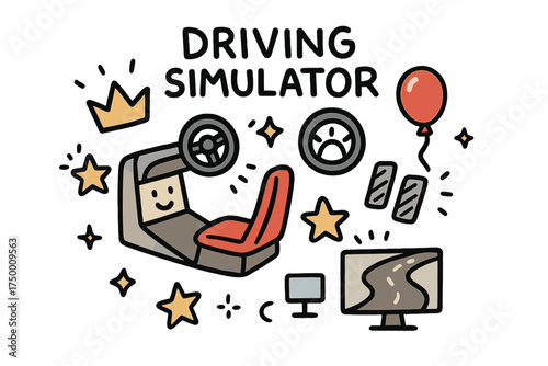 Driving Simulator Icons. Driving simulator doodle icon set: hand drawn icons of car simulator with smile, steering wheel, crown,