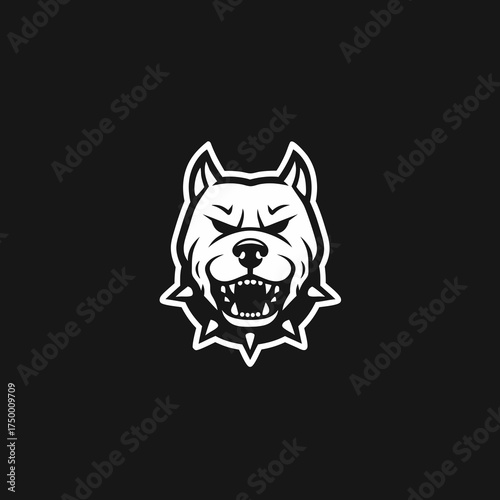 Powerful dog head mascot illustration with bared teeth and spiked collar. Strong canine vector graphic on black background.