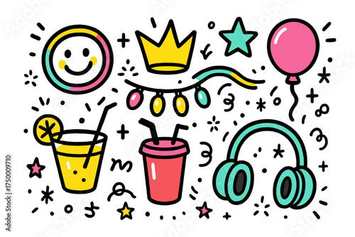 Neon Party Icons. Glow party doodle icon set: hand drawn icons of neon bracelets with smile, crown, star, balloon, lights, drinks,