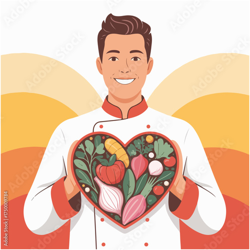 Flat solid color vector for International Chefs Day showing global chefs unity, robot chef, kids cooking, culinary creativity, teamwork & celebration