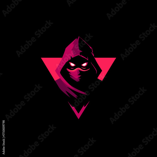 Mysterious hooded figure avatar with glowing magenta eyes and mask. Modern digital graphic illustration for gaming, esports, or security concepts.