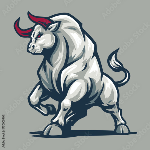 Powerful white bull mascot illustration with red horns and intense eyes, depicting strength, aggression, and determination on grey background.