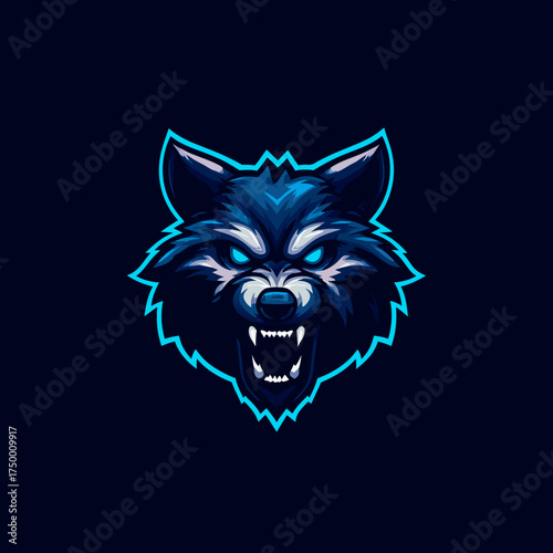 Powerful blue wolf head mascot illustration with glowing eyes and bared fangs, ideal for esports gaming, team branding, or logo design.