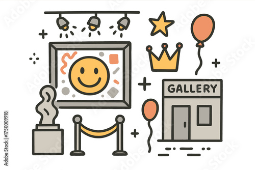 Abstract Art Gallery. Modern art exhibition illustration doodle style: hand drawn abstract painting with smile, crown, star,