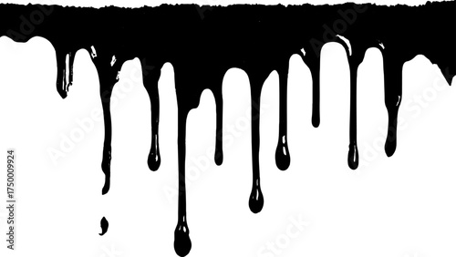 Dripping black ink on a white transparent background. Black paint dripping down against a white background. Close up of paint leaking down white background. 