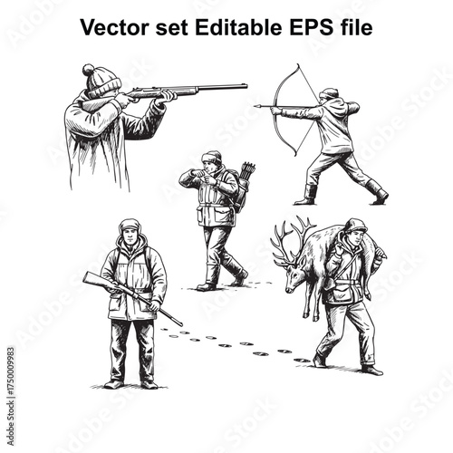 Vector art of set of five black and white vector illustrations depicting hunters in action, including aiming a rifle, shooting a bow and arrow, and carrying a deer, , editable eps file