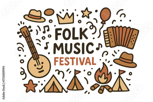 Folk Festival Doodle. Folk music festival illustration doodle style: hand drawn banjo with smile, accordion, crown, star, balloon,