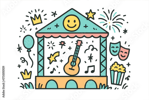 Festival Doodles Delight. Festival show illustration doodle style: hand drawn outdoor stage with smile, crown, star, balloon,