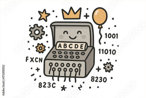 Cute Enigma Machine Doodle. Enigma puzzle illustration doodle style: hand drawn enigma machine with smile, crown, star, balloon,