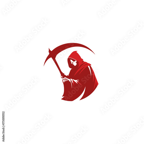 Mysterious Red Hooded Figure with Scythe Illustration. Gothic Death Spectre Mascot Design Element Vector Graphic