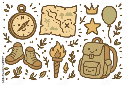 Whimsical Adventure Icons. Adventure quest illustration doodle style: hand drawn compass with smile, map, crown, star, balloon,