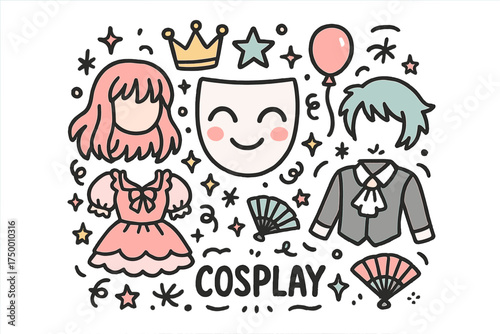 Cartoon Cosplay Fun. Cartoon cosplay illustration doodle style: hand drawn anime mask with smile, crown, star, balloon, costumes,