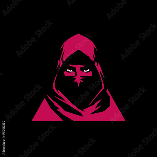 Stylized magenta hooded figure with visible eyes and face covering, minimalist graphic illustration on black background