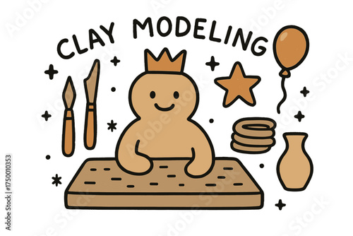 Clay Figure Crafting. Clay modeling DIY illustration doodle style: hand drawn clay figure with smile, crown, star, balloon, tools,