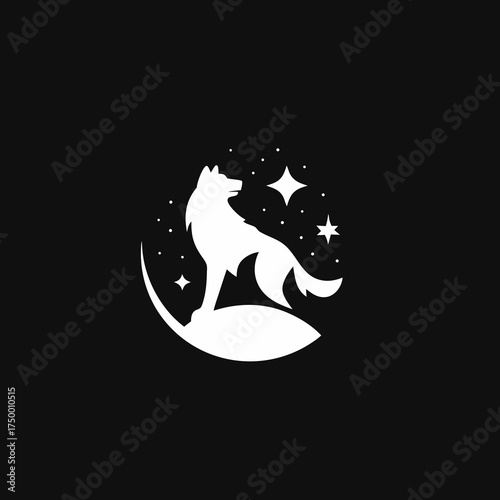 Majestic wolf howling at the crescent moon under a starry night sky. Minimalist animal silhouette graphic design.