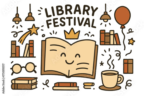 Library Festival Doodle. Library festival illustration doodle style: hand drawn open book with smile, crown, star, balloon,