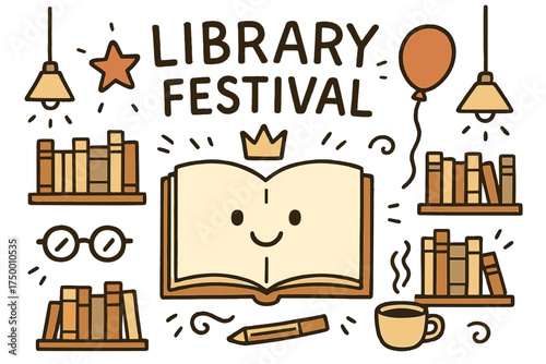 Library Festival Doodle. Library festival illustration doodle style: hand drawn open book with smile, crown, star, balloon,