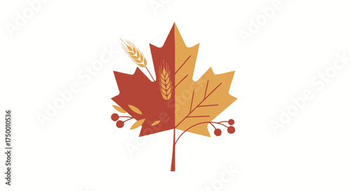 Autumnal Harvest Emblem Featuring Maple Leaf, Wheat, and Berries. Suitable for seasonal branding, Thanksgiving promotions, and agricultural themed designs.