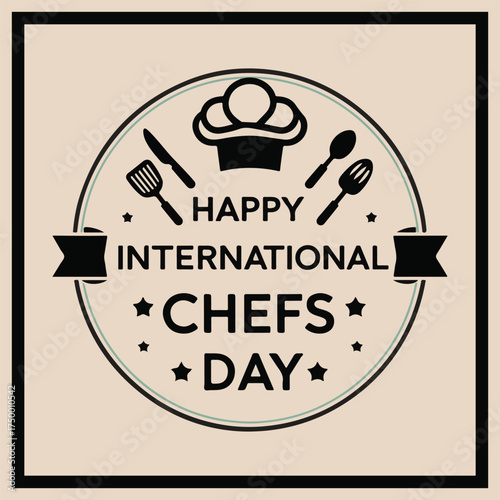 Flat solid color vector for International Chefs Day showing global chefs unity, robot chef, kids cooking, culinary creativity, teamwork & celebration
