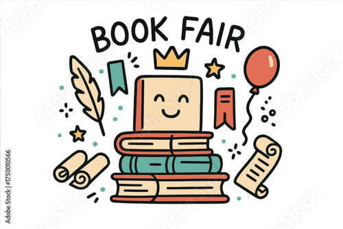 Whimsical Book Stack. Book fair illustration doodle style: hand drawn stack of books with smile, crown, star, balloon, bookmarks,