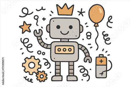 Cute Robot Doodle. School science show illustration doodle style: hand drawn robot with smile, crown, star, balloon, wires, gears,