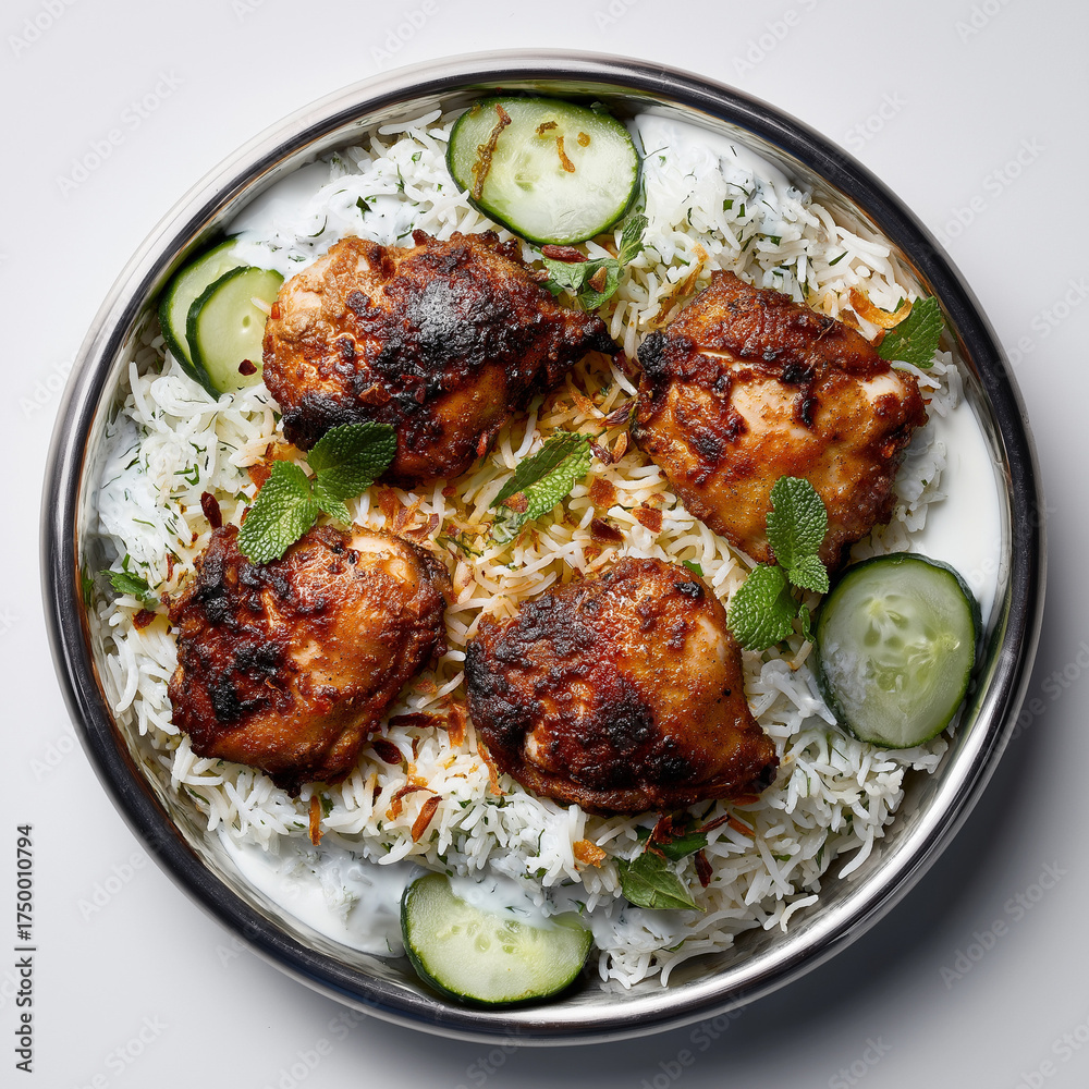 Fototapeta premium Chicken thigh mandhi rice with cucumber yogurt salad on a steel plate on a white background