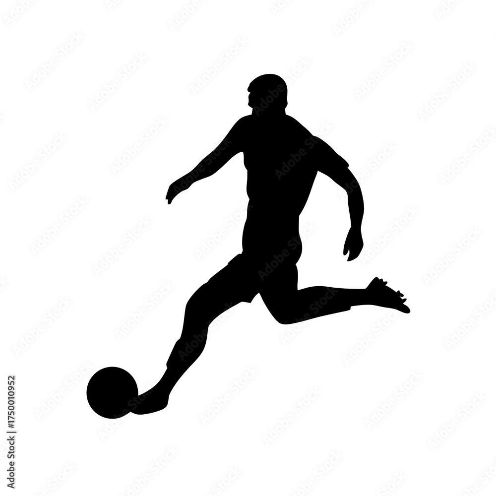 Obraz premium Dynamic male soccer player silhouette kicking a football, isolated black vector graphic on white background for sports design.