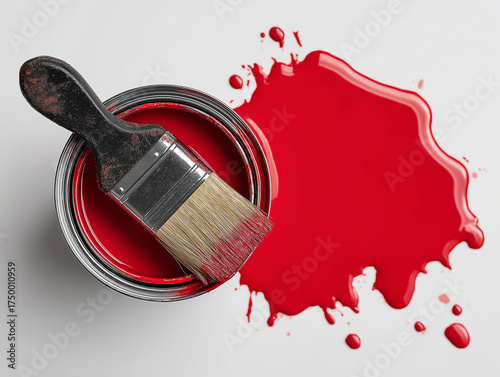 A can of red paint, on top of the can lies a brush that was dipped in this paint, view from above.Red paint is spilled on the white floor,

