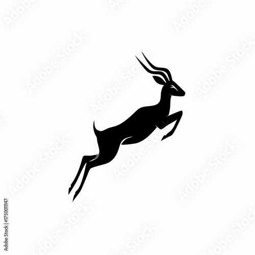 Dynamic black silhouette of a leaping antelope with elegant horns on a clean white background, representing speed and grace.