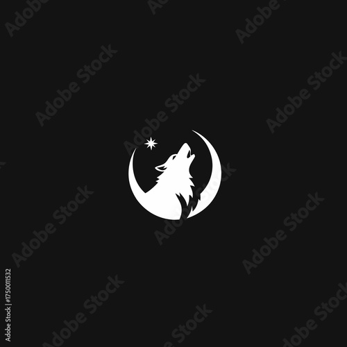 White howling wolf silhouette in crescent moon with star on black background. Wild nature, nocturnal animal, forest spirit, minimalist icon.