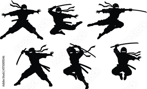 Ninja silhouette, sword action pose, martial arts movement, stealth warrior, dynamic strike, traditional attire, agility, combat skill, headband flow