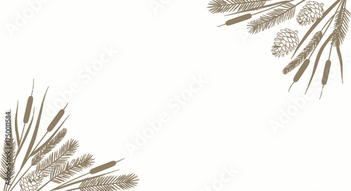 Rustic Botanical Corner Border with Cattails and Pine Cones Illustration