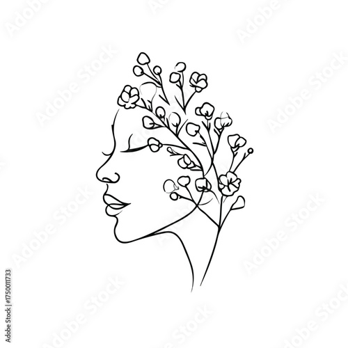 Floral Female Face Embroidery Line Art