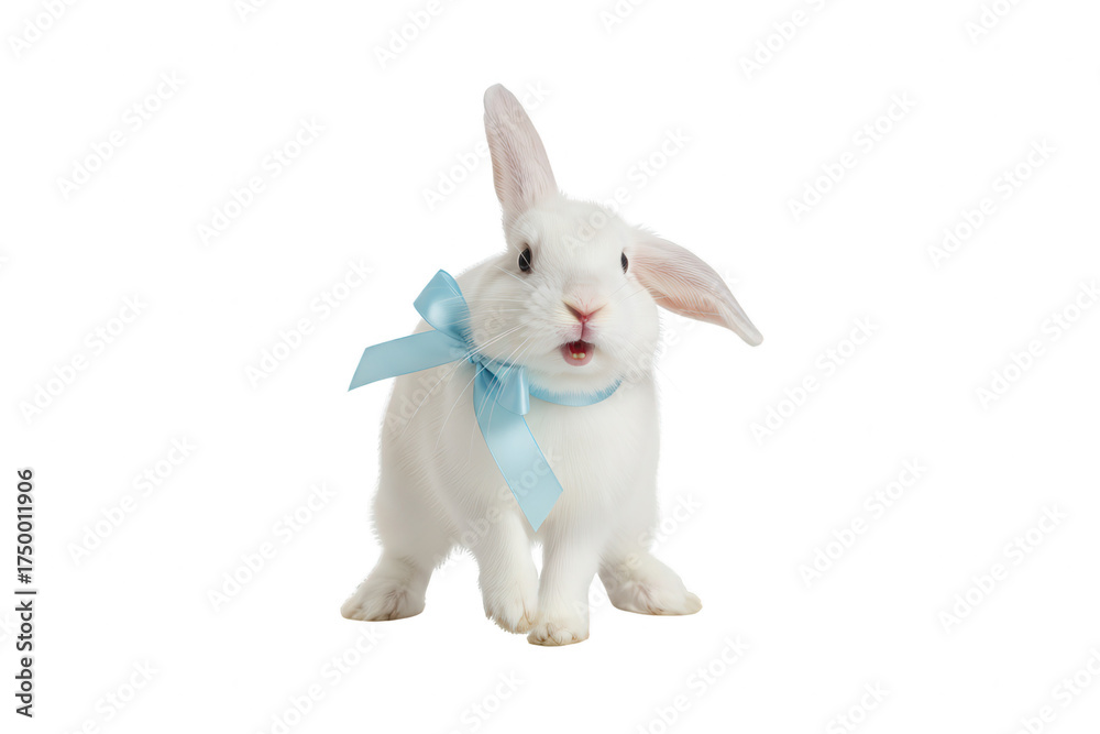 Fototapeta premium Adorable White Rabbit with Blue Ribbon Bow Isolated on White Background, Easter Bunny, Cute Animal, Pet, Clean Studio Shot, Front View