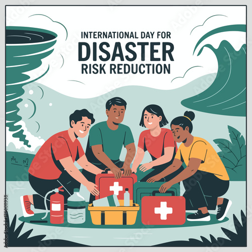 Flat vector for International Day for Disaster Risk Reduction showing safety drills, hazard prevention, evacuation plans, cyclone safety & rescue iconscons
