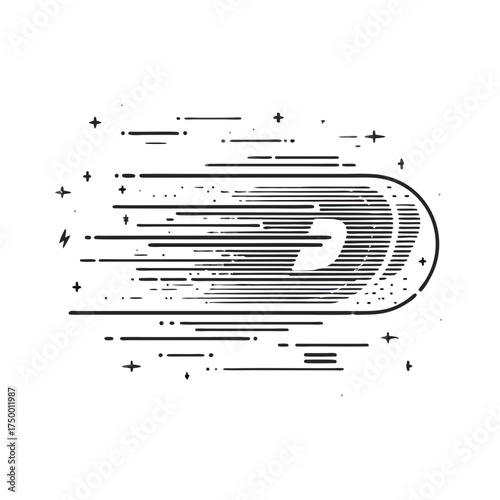 Dynamic stylized monochrome line art illustration of a fast-moving comet or asteroid with speed lines, stars, and energy bolts in space.