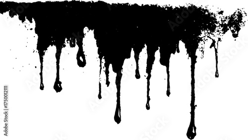 Black dripping paint isolated on white background. Dripping black liquid on white background. Paint dripping from the top of the frame transparent background. 