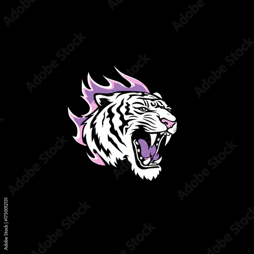 Powerful White Tiger Head with Roaring Expression and Purple Flames. Stylized Animal Mascot Illustration for Gaming and Esports
