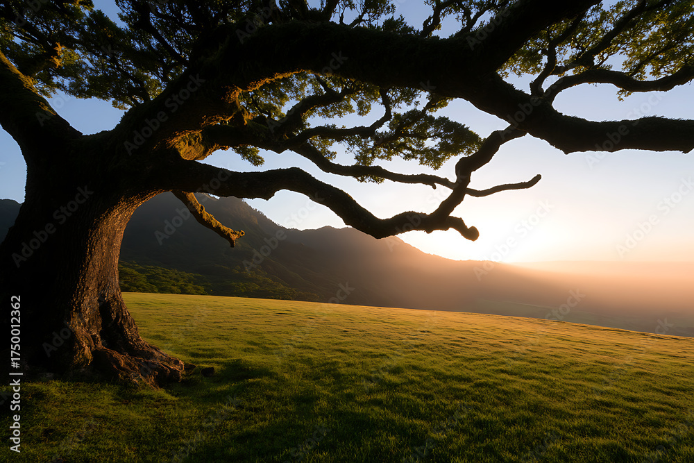Fototapeta premium Silhouette of a large tree at sunset. The setting sun casts a warm glow over a green field and distant mountains, creating a serene and peaceful landscape.