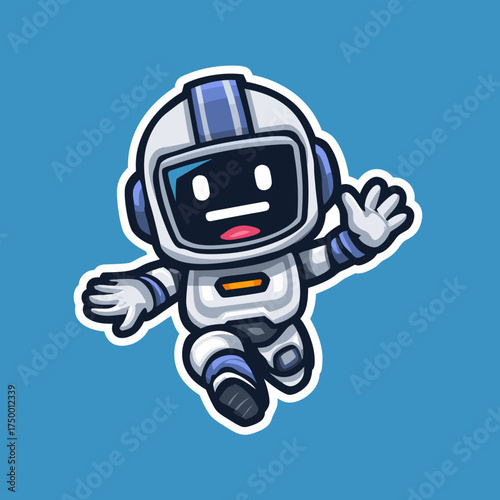 Cute futuristic robot character waving hand, adorable android mascot illustration, friendly space explorer cartoon design
