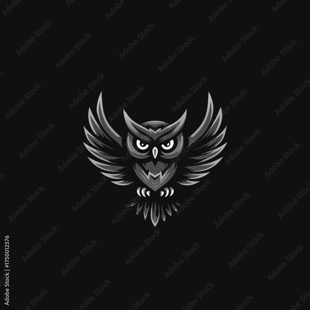 Obraz premium Powerful Grayscale Owl Illustration with Wings Spread, Elegant Nocturnal Predator Art Design on Dark Background