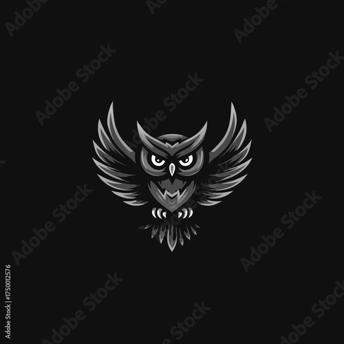 Powerful Grayscale Owl Illustration with Wings Spread, Elegant Nocturnal Predator Art Design on Dark Background