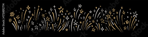 Hand drawn crayon night firework background. New Year, Christmas, birthday, anniversary, celebration festive gold and silver border. Chalk sketch drawing on the blackboard. Glitter, confetti, stars