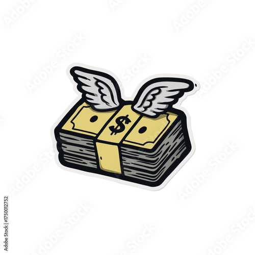 Cartoon illustration of dollar bills with wings flying away, symbolizing financial loss, expense, or quickly spent money.