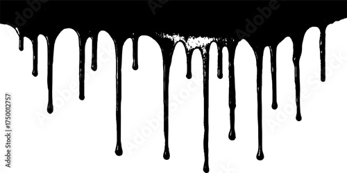 Black dripping paint isolated on white background. Dripping black liquid on white background. Paint dripping from the top of the frame transparent background. 