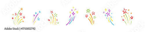 Set of colorful crayon firework icons. Hand drawn cute line doodle kid pencil pastel drawing. Confetti, bling, twinkle, glint celebration sketch symbol. Sparkle glittering firecracker background