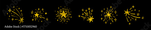 Set of golden falling shooting stars on black night sky background. Crayon, pencil, pastel, charcoal childish kids vector illustration on the primary school blackboard. Bling, twinkle, glint elements