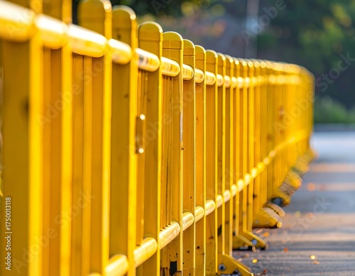 Bright yellow construction barrier extending into the distance along a paved surface